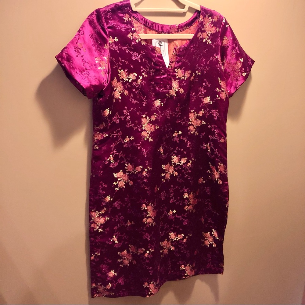 Asian Berry Wine Floral Brocade Double Side Slip Dress